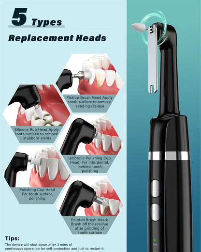 Tooth Polisher Rechargeable Whitening Kit - 3 Pastes, 5 Heads, LED Light (Black)