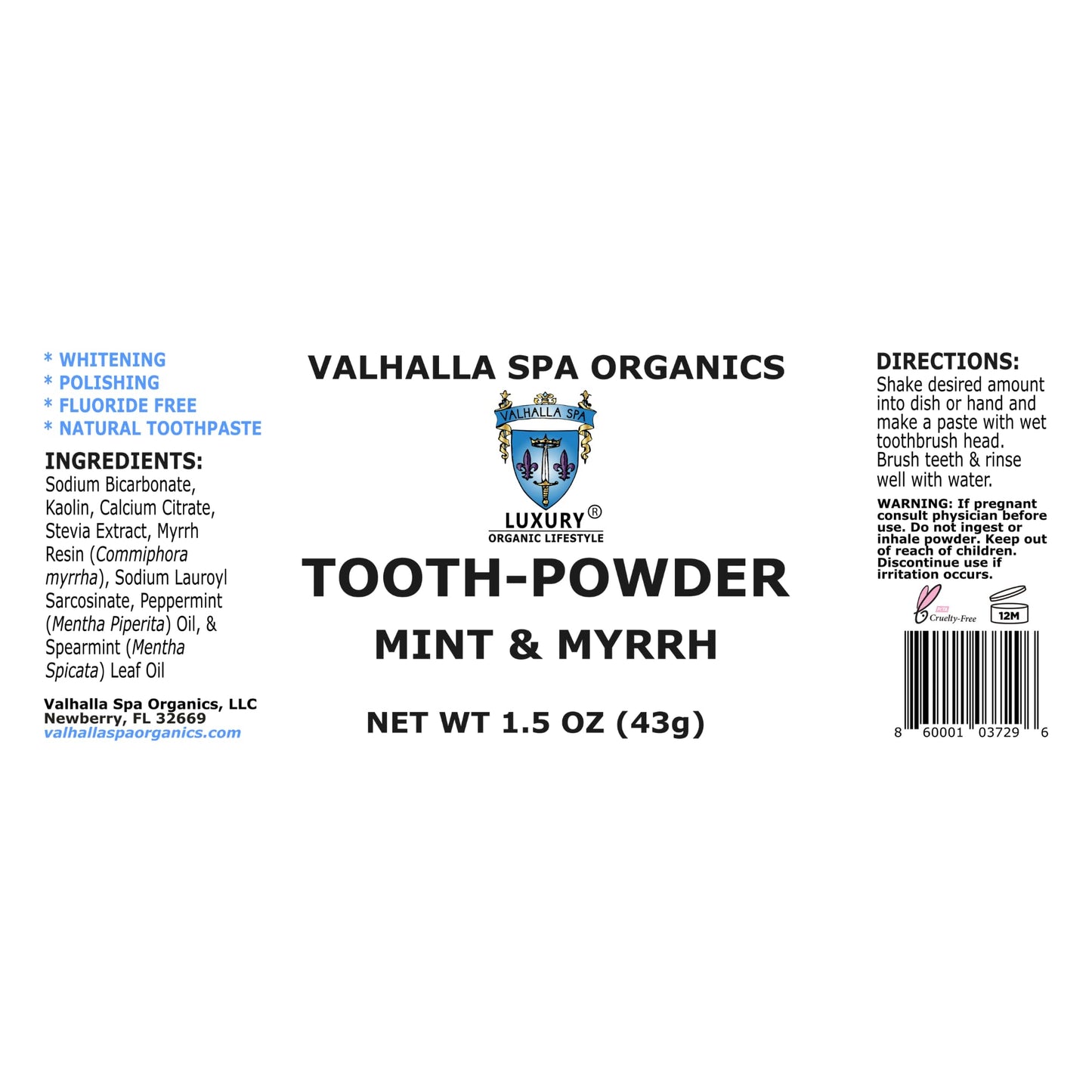 Tooth Powder with Mint & Myrrh Gum – Natural Fluoride-Free Whitening 1.5 oz (2 Pack) | Valhalla Spa Organics