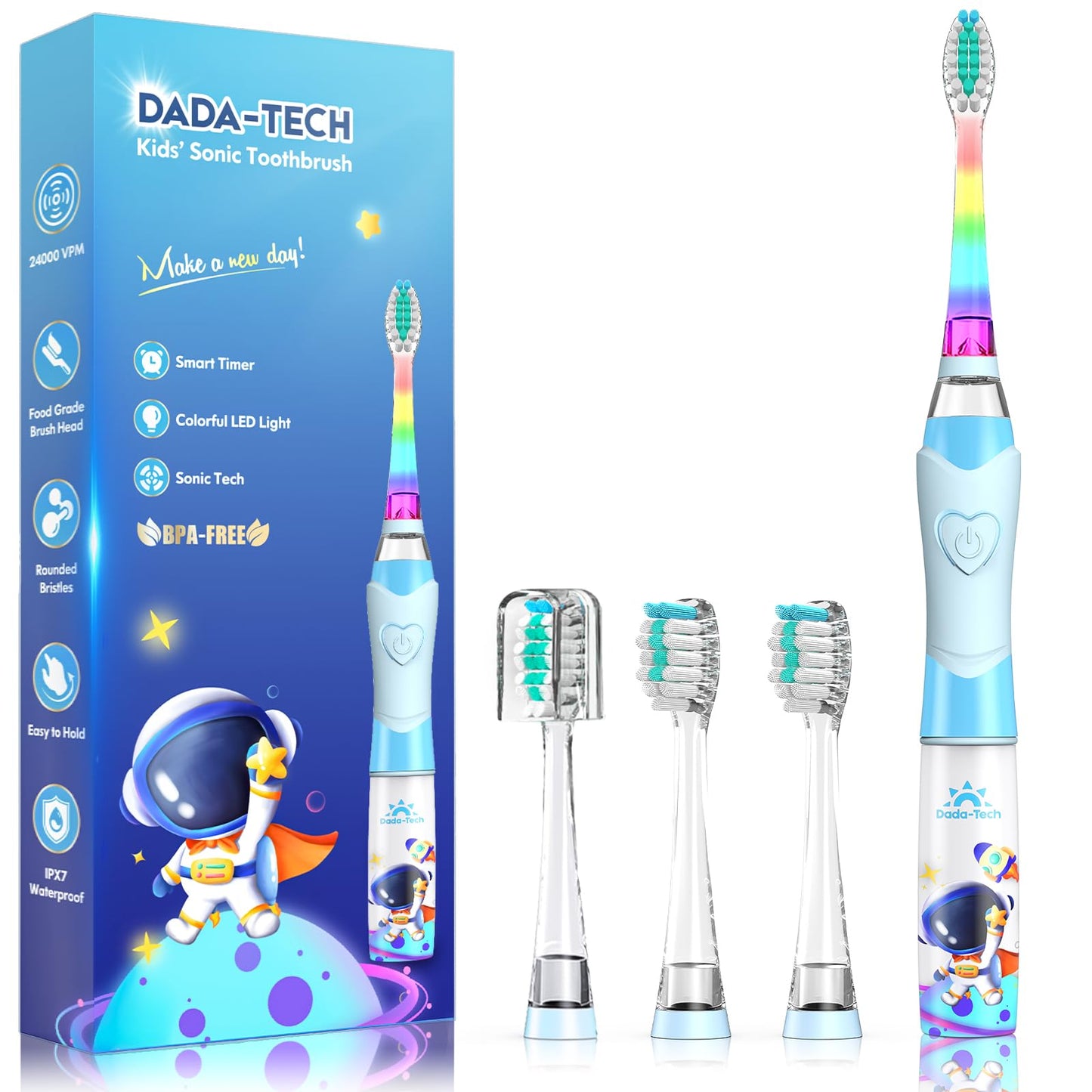 Kids Electric Toothbrush 2-12 with Timer | Rainbow LED, Astronauts Blue