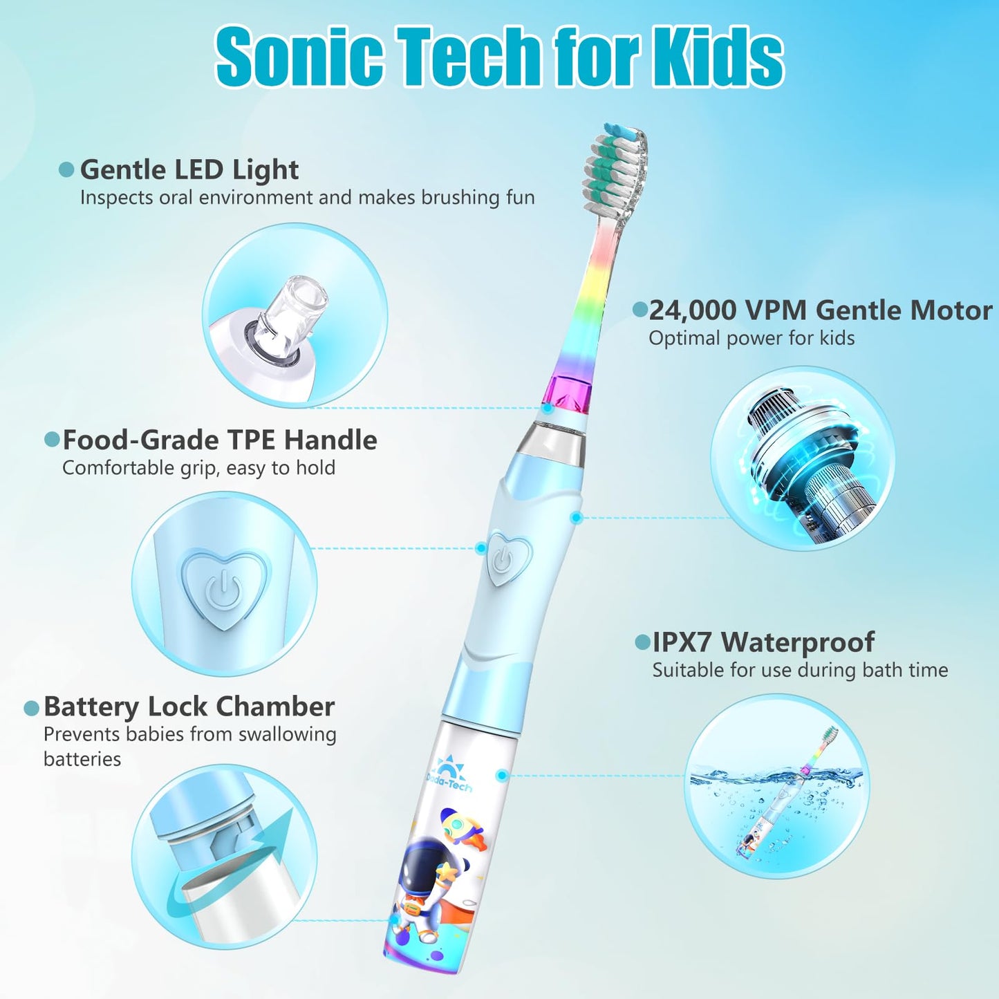 Kids Electric Toothbrush 2-12 with Timer | Rainbow LED, Astronauts Blue