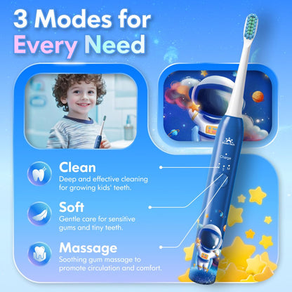 Kids Electric Toothbrush 3-12 Years – Rechargeable with Timer, 3 Modes, 4 Heads, Habit Stickers | Astronaut Blue