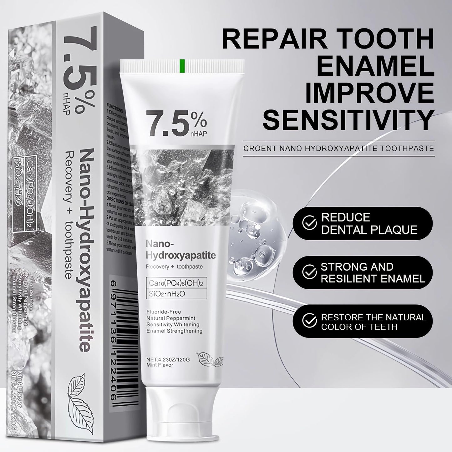 7.5% Nano Hydroxyapatite Toothpaste – Enamel Repair, Deep Cleaning, Gentle Mint, Fluoride-Free (4.23 oz)