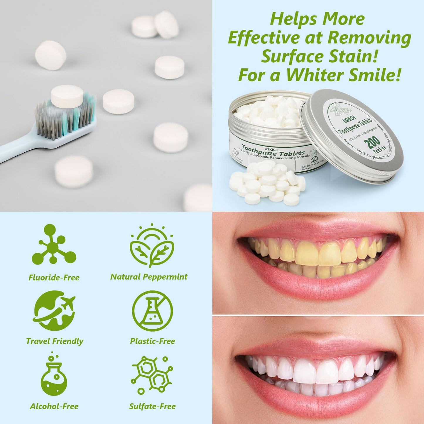 200 Pcs Toothpaste Tablets – Nano Hydroxyapatite Whitening, Fluoride-Free & Plastic-Free