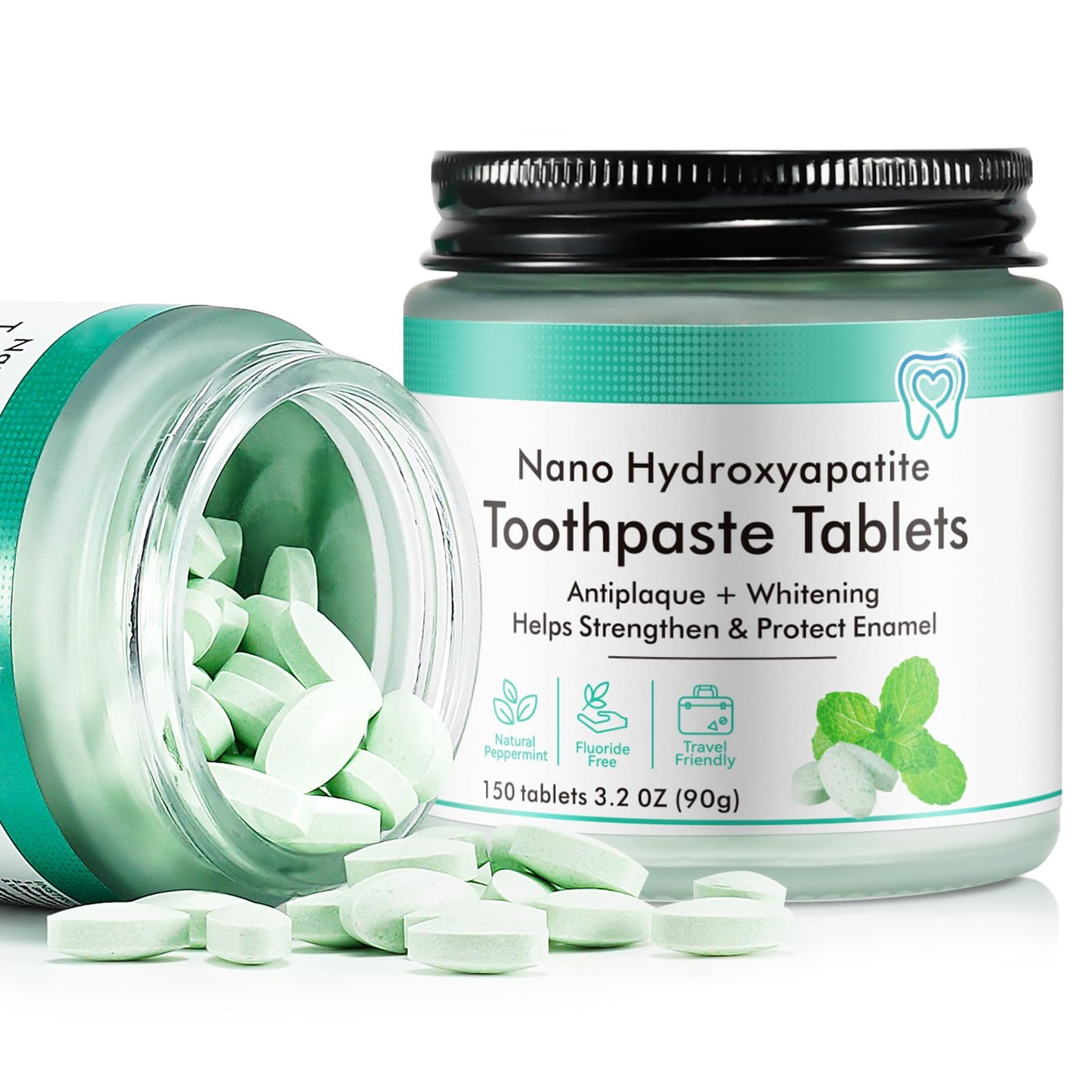 Toothpaste Tabs 150pcs - Nano Hydroxyapatite, Fluoride Free, Peppermint, Eco & Travel Friendly