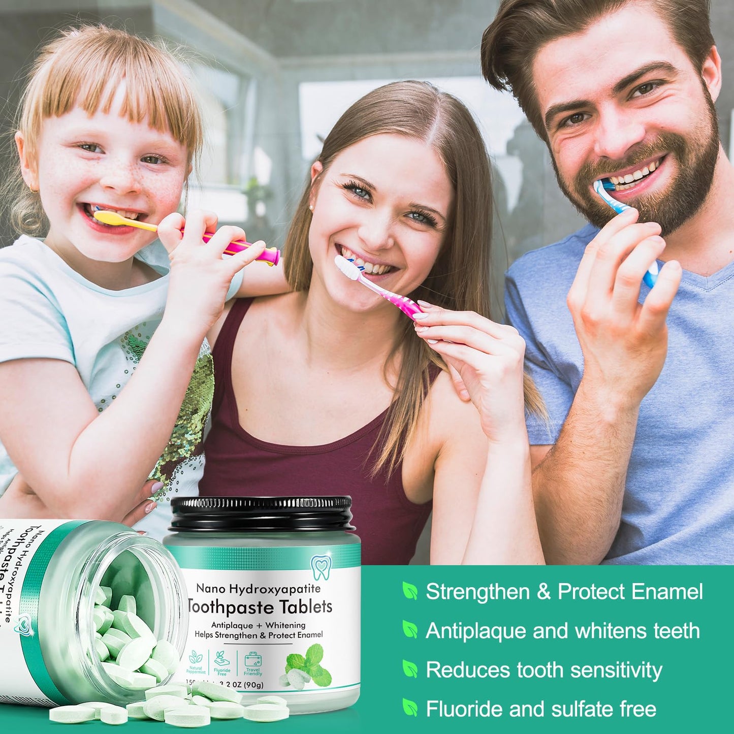 Toothpaste Tabs 150pcs - Nano Hydroxyapatite, Fluoride Free, Peppermint, Eco & Travel Friendly