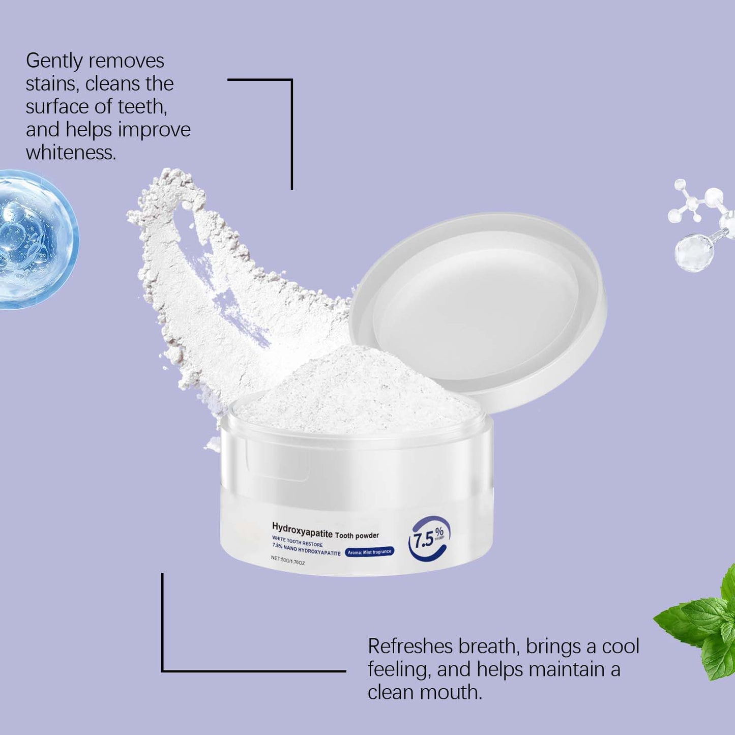 Microcrystalline Hydroxyapatite Powder | 50g Toothpaste for Stain Removal & Fresh Breath
