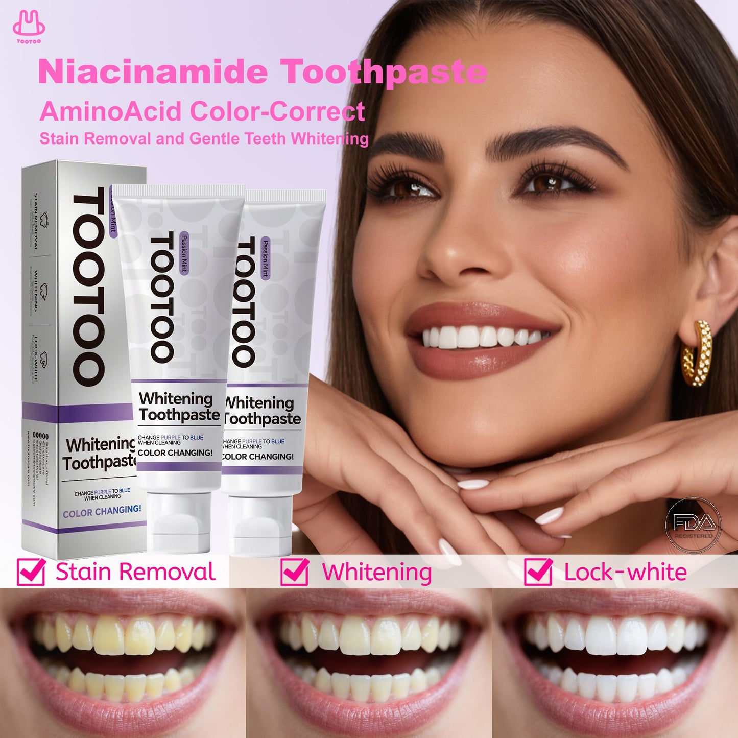 TooToo Niacinamide Whitening Toothpaste – Fluoride Free, Stain Removal, Fresh Breath (4.2oz)