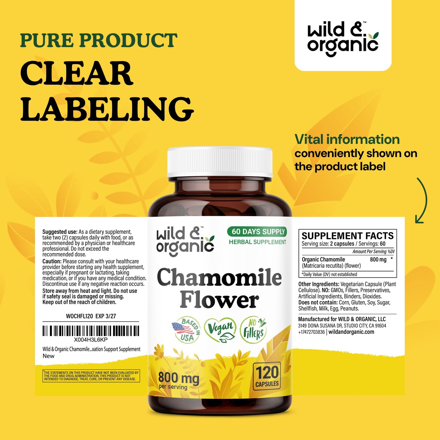 Chamomile Extract Capsules 800 mg - Wild & Organic - Relaxation & Digestive Support - Vegan, Non-GMO - 120 Count