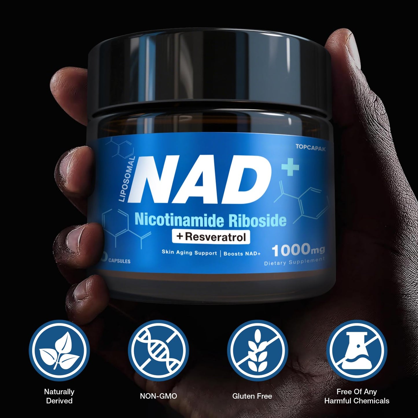 TOPCAPAK NAD 1000mg NR + Resveratrol | Liposomal NAD+ for Brain Health & Healthy Aging