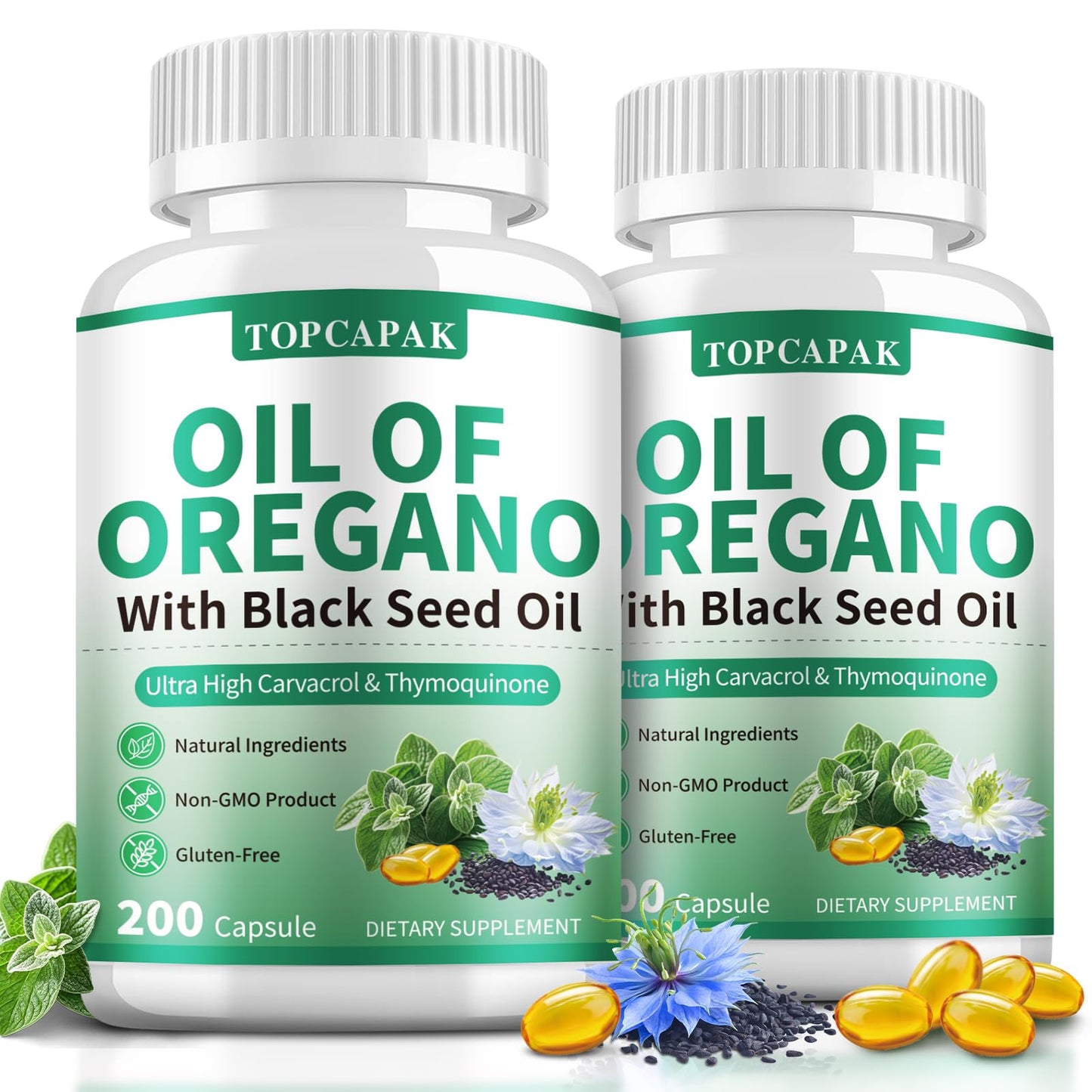 TOPCAPAK Oil of Oregano & Black Seed Oil — 2-in-1 Immune Support, 400 Softgels