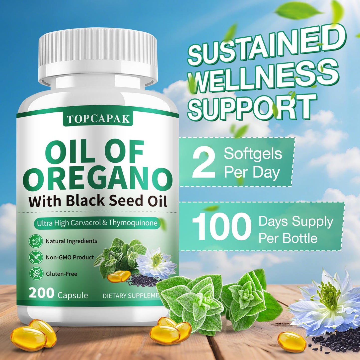TOPCAPAK Oil of Oregano with Black Seed Oil 2-in-1 Softgels | Immune Support, Carvacrol & Thymoquinone, 200-Count