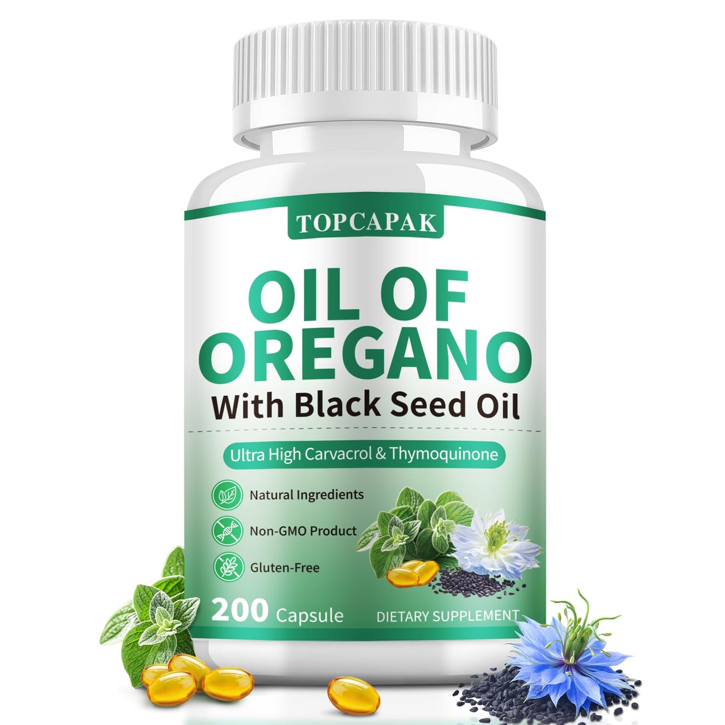 TOPCAPAK Oil of Oregano with Black Seed Oil 2-in-1 Softgels | Immune Support, Carvacrol & Thymoquinone, 200-Count
