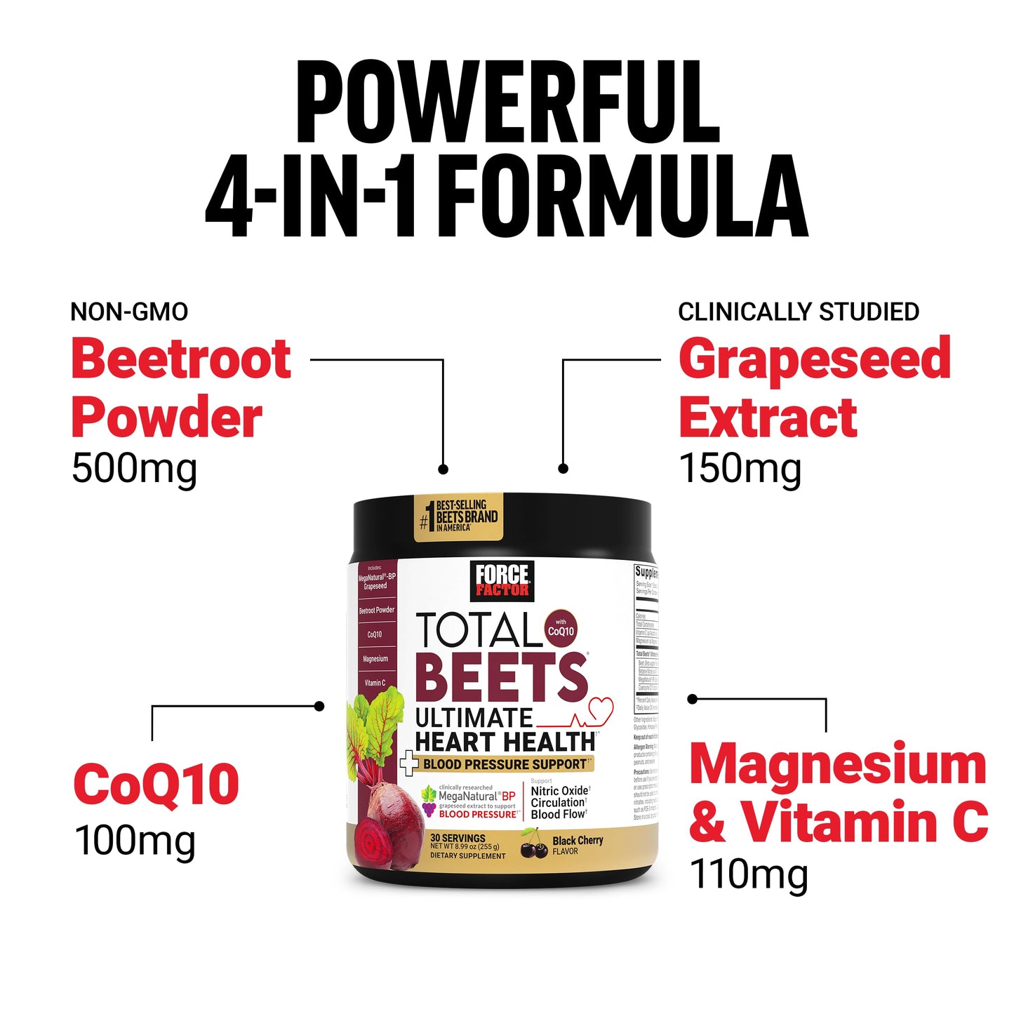 Total Beets Ultimate Heart Health - Blood Pressure Support with CoQ10, Beet Root Powder and Grape Seed Extract | 30 Servings