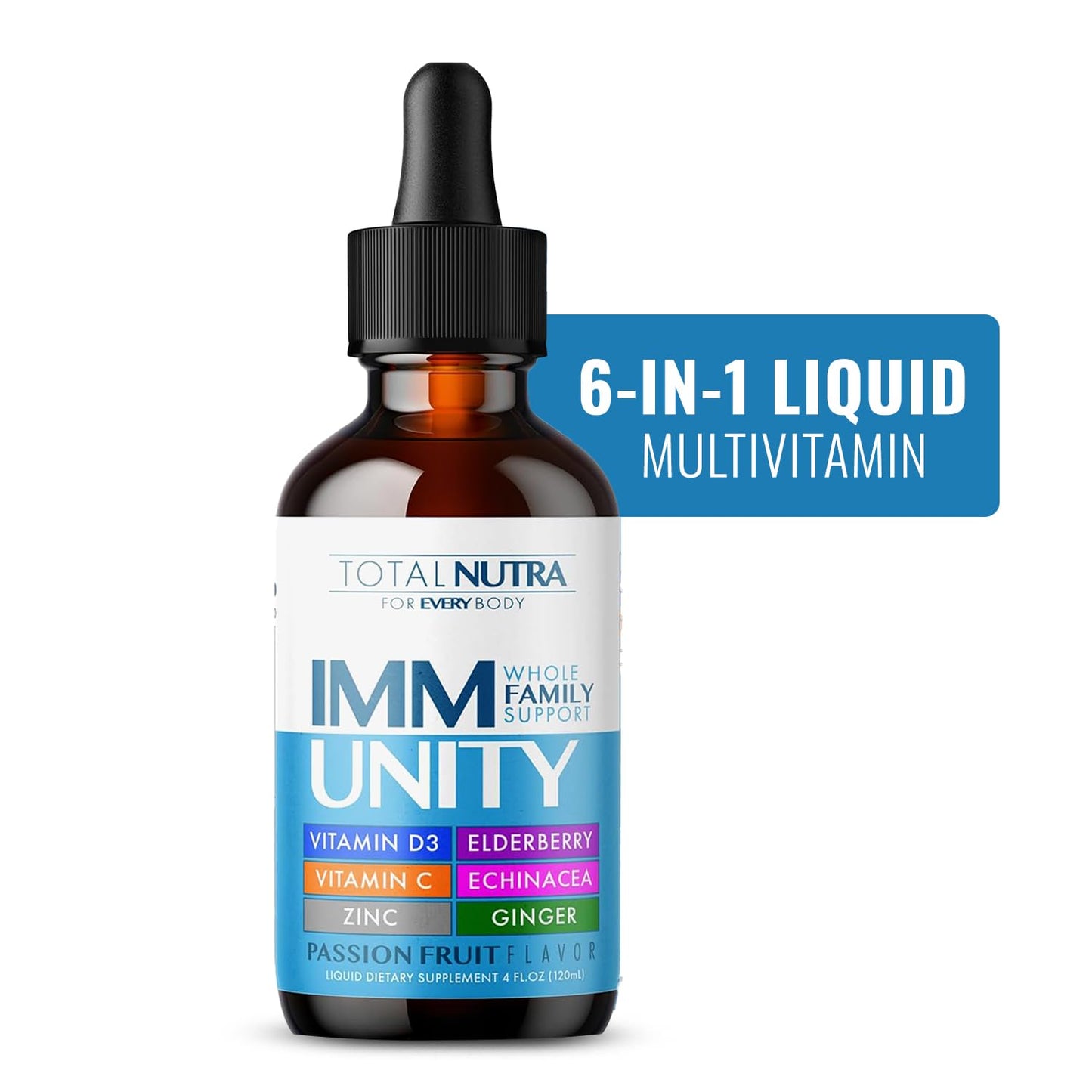 Total Immune 6-in-1 Liquid Multivitamin Drops – 4 oz Passion Fruit | Zinc, D3, C Immunity Support