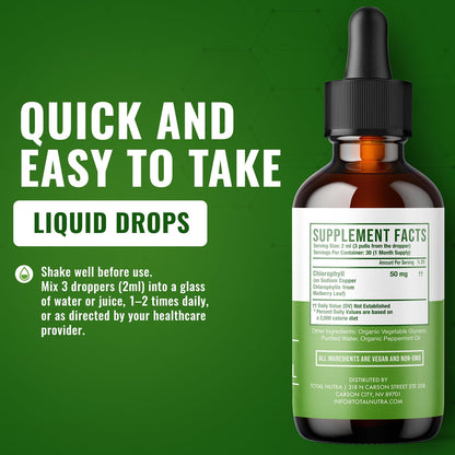 Liquid Chlorophyll Drops 50mg: Vegan Chlorophyll Liquid Drops for Natural Energy Boost, Immune Support, Body Detox for Skin Care, Internal Deodorant | Mint Flavor, Non-GMO, Gluten Free Total Nutra 2oz