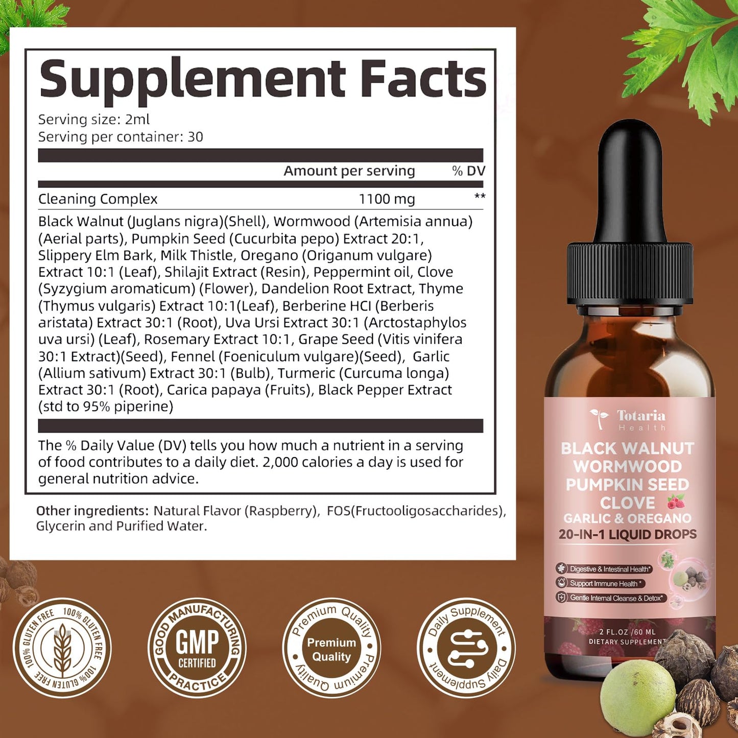Totaria 20 in 1 Black Walnut Wormwood Tincture – Raspberry Flavor, Alcohol-Free, Gut Health – 2FL