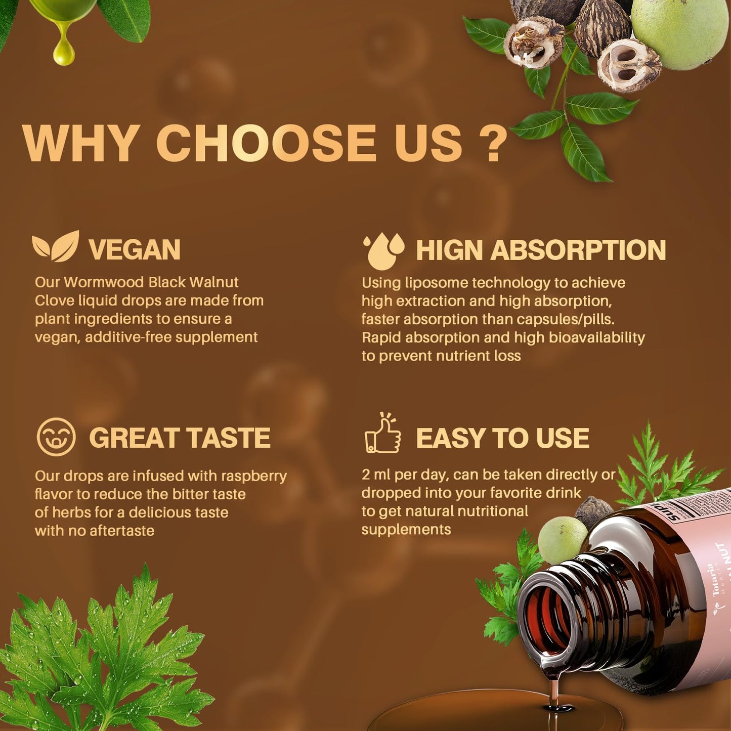 Totaria 20 in 1 Black Walnut Wormwood Tincture – Raspberry Flavor, Alcohol-Free, Gut Health – 2FL