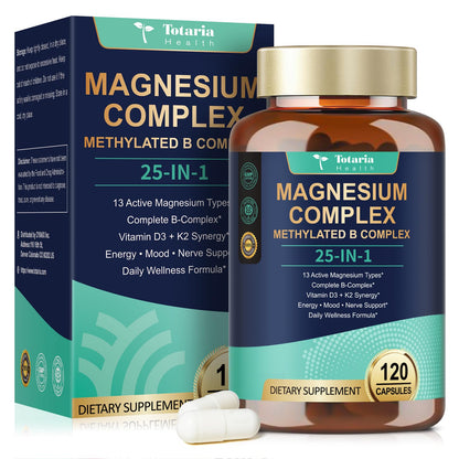25-in-1 Magnesium Complex with Methylated B-Complex – 120 Vegan Caps | Totaria