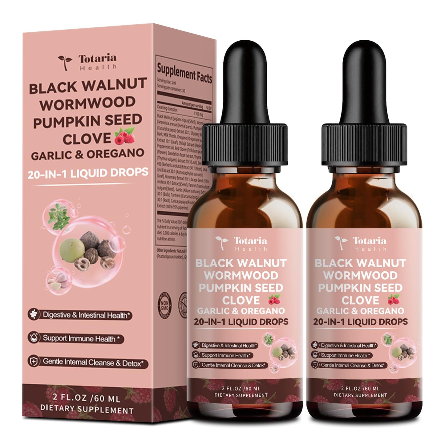 Totaria 2 Pack 20 in 1 Black Walnut Wormwood Tincture – Raspberry Flavor, Alcohol-Free, Digestive Health