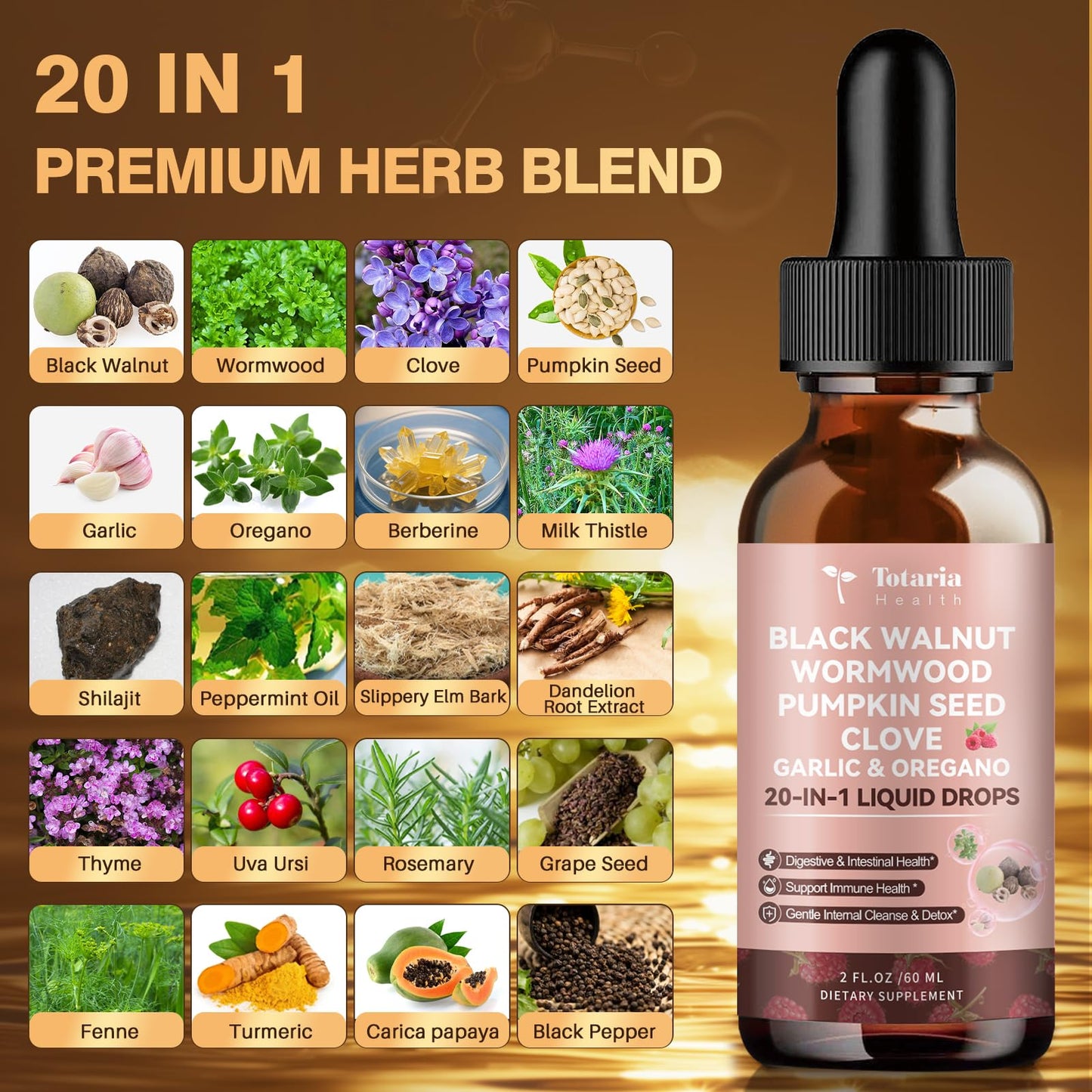 Totaria 2 Pack 20 in 1 Black Walnut Wormwood Tincture – Raspberry Flavor, Alcohol-Free, Digestive Health