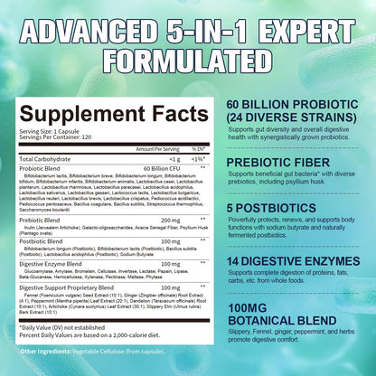 Totaria 5-in-1 Probiotic, Prebiotic & Postbiotic for Gut Health – 60B CFU, 4-Month Vegan Supply