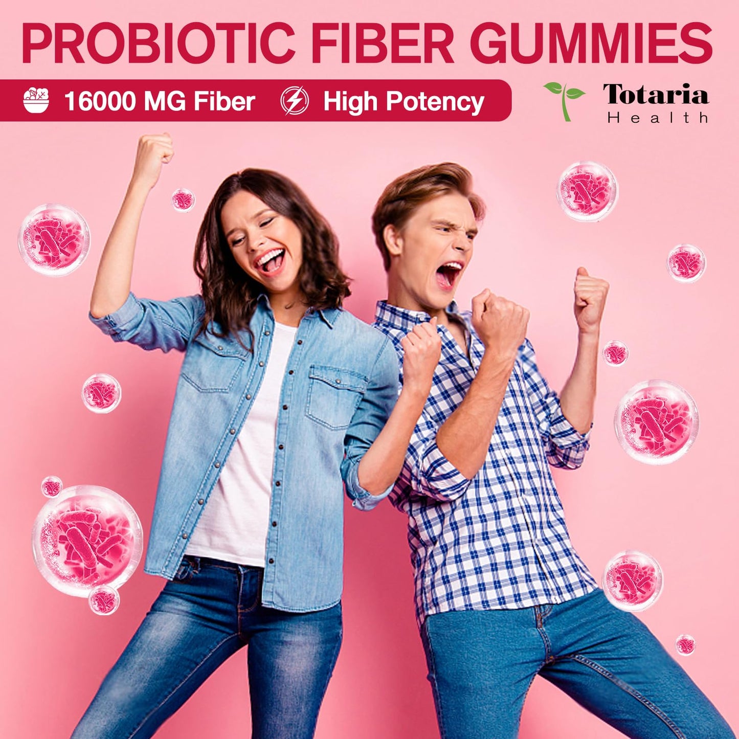 Totaria 9-in-1 Probiotic Fiber Gummies — 16g Fiber/Serving, 5B CFU Bacillus Coagulans (60 Gummies)