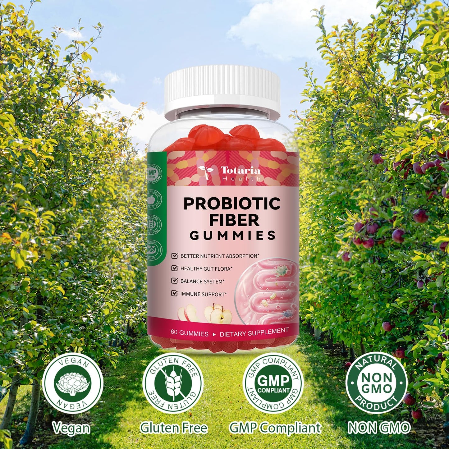 Totaria 9-in-1 Probiotic Fiber Gummies — 16g Fiber/Serving, 5B CFU Bacillus Coagulans (60 Gummies)