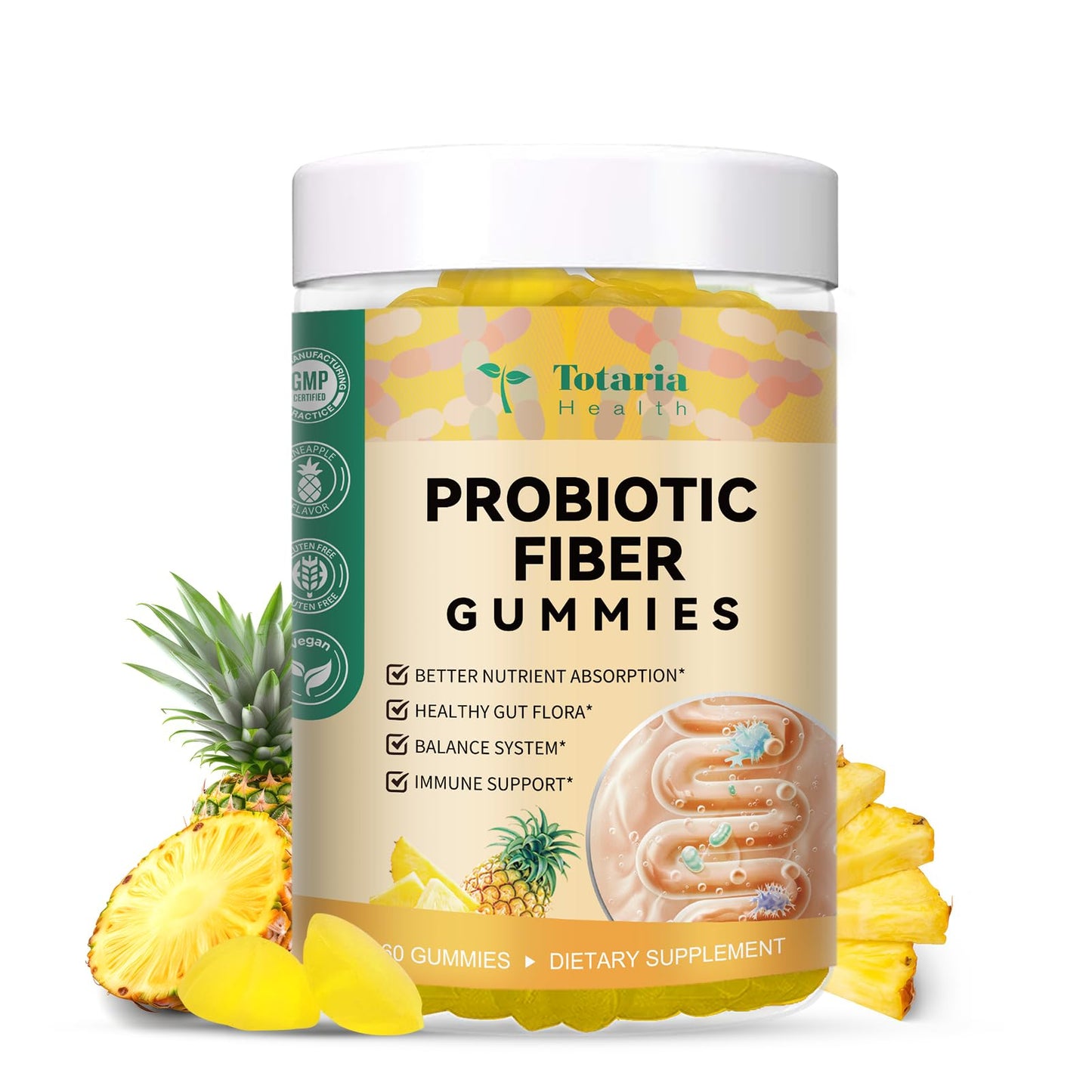 9-in-1 Probiotic Fiber Gummies for Adults & Teens – 60 Pineapple Gummies | Totaria