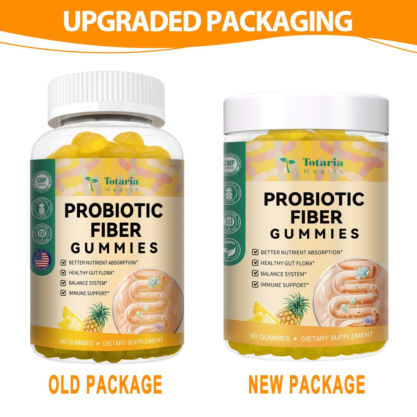 9-in-1 Probiotic Fiber Gummies for Adults & Teens – 60 Pineapple Gummies | Totaria