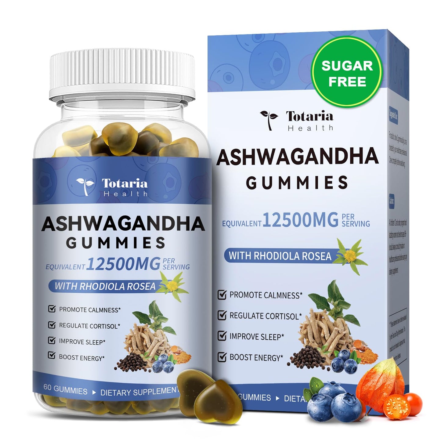 Totaria Sugar Free Ashwagandha Gummies 2500mg | Vitamin D3, Magnesium Glycinate, Rhodiola – Blueberry