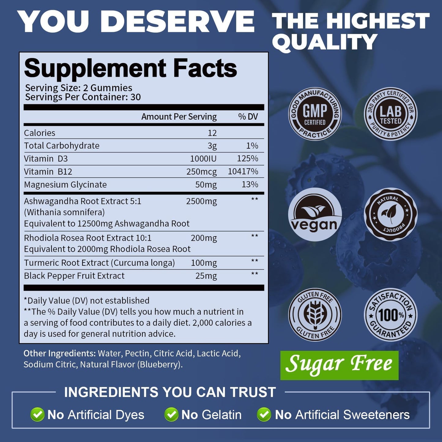 Totaria Sugar Free Ashwagandha Gummies 2500mg | Vitamin D3, Magnesium Glycinate, Rhodiola – Blueberry