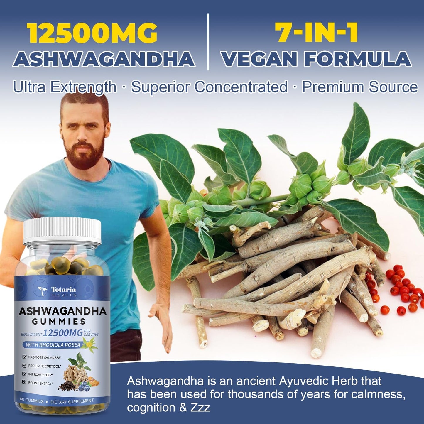 Totaria Sugar Free Ashwagandha Gummies 2500mg | Vitamin D3, Magnesium Glycinate, Rhodiola – Blueberry