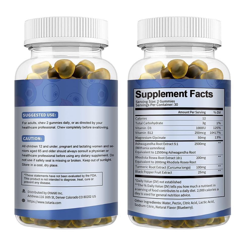 Totaria Sugar Free Ashwagandha Gummies 2500mg | Vitamin D3, Magnesium Glycinate, Rhodiola – Blueberry