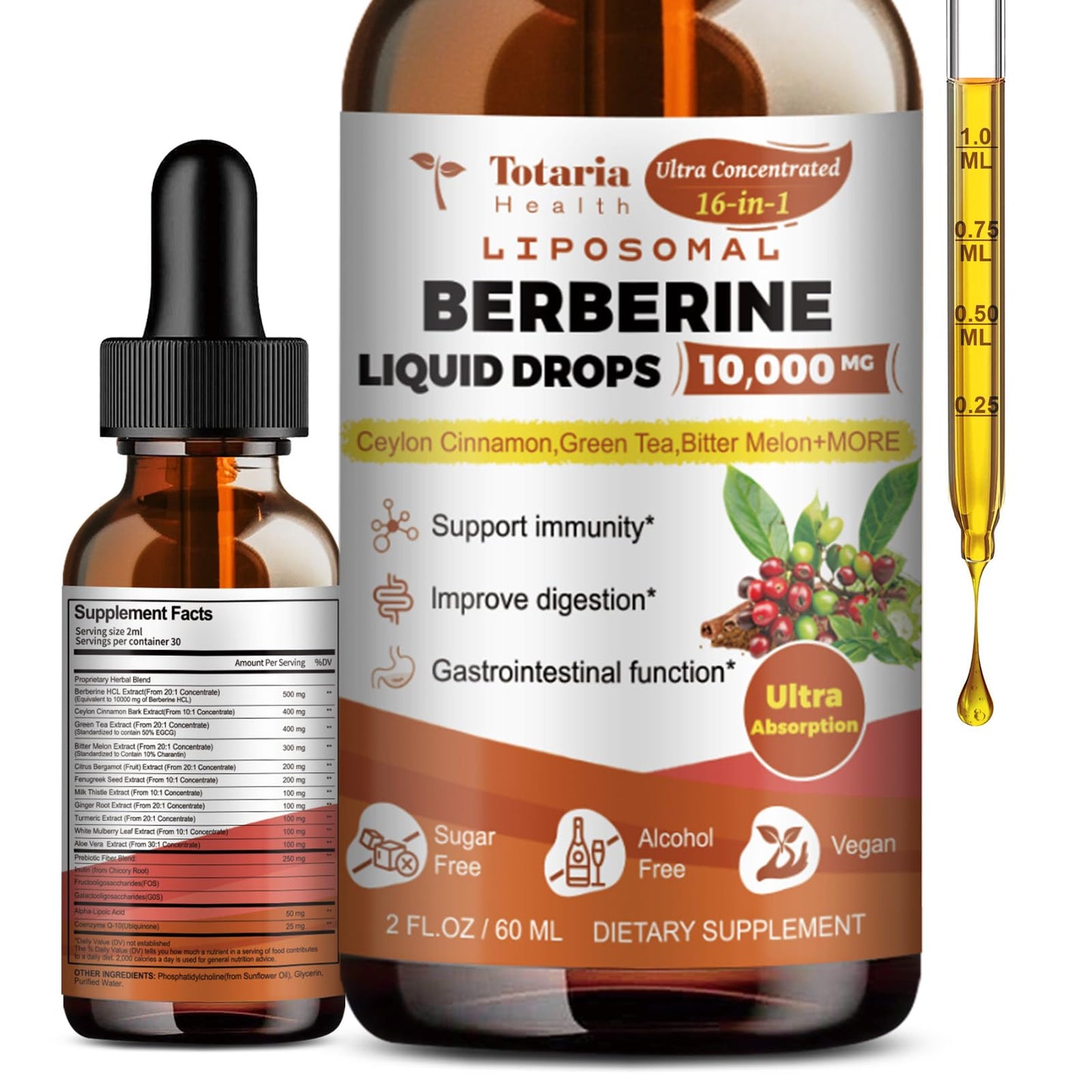 Totaria Berberine Supplement - Berberine HCL Digestion Support, GLP-1 Secretion & AMPK Activation - 2 Fl Oz