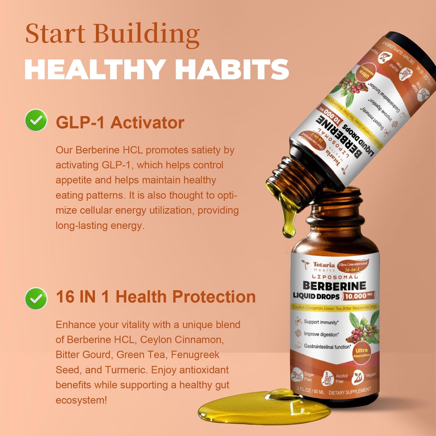 Totaria Berberine Supplement - Berberine HCL Digestion Support, GLP-1 Secretion & AMPK Activation - 2 Fl Oz