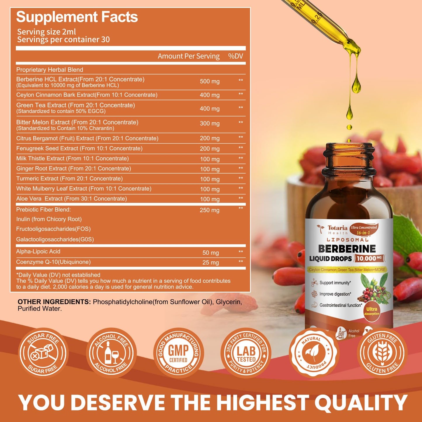 Totaria Berberine Supplement - Berberine HCL Digestion Support, GLP-1 Secretion & AMPK Activation - 2 Fl Oz
