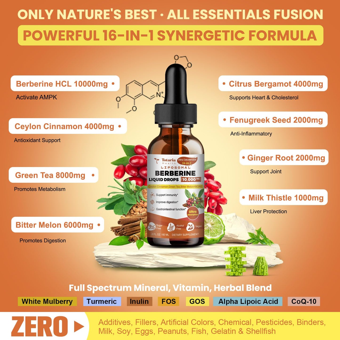 Totaria Berberine Supplement - Berberine HCL Digestion Support, GLP-1 Secretion & AMPK Activation - 2 Fl Oz