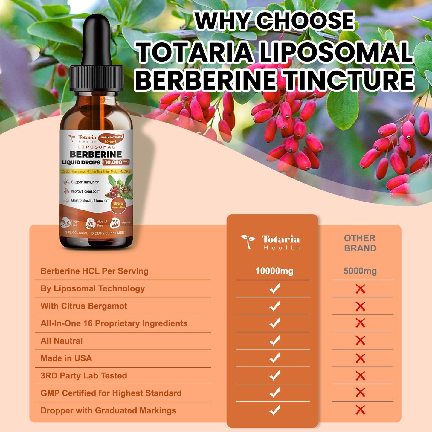 Totaria Berberine Supplement - Berberine HCL Digestion Support, GLP-1 Secretion & AMPK Activation - 2 Fl Oz
