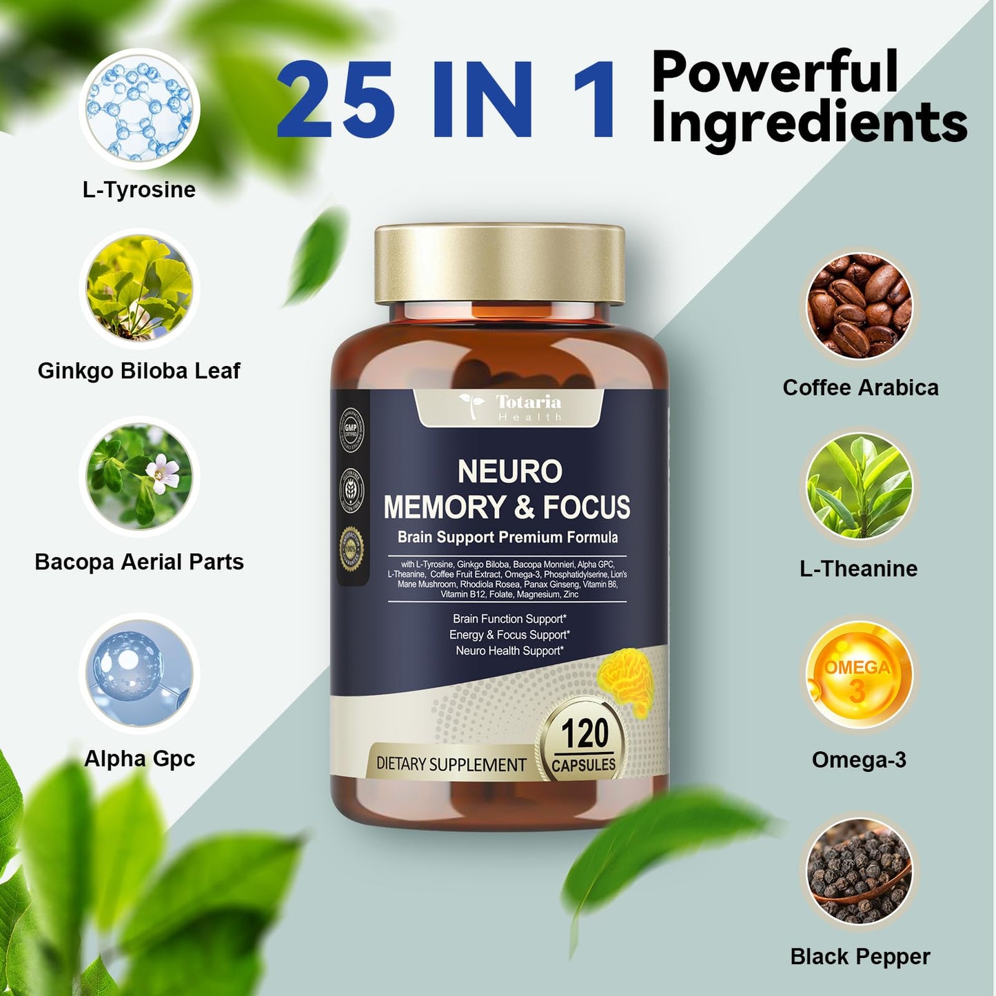 Totaria Brain Supplements for Memory & Focus - Non-GMO, Gluten Free (120 Counts)