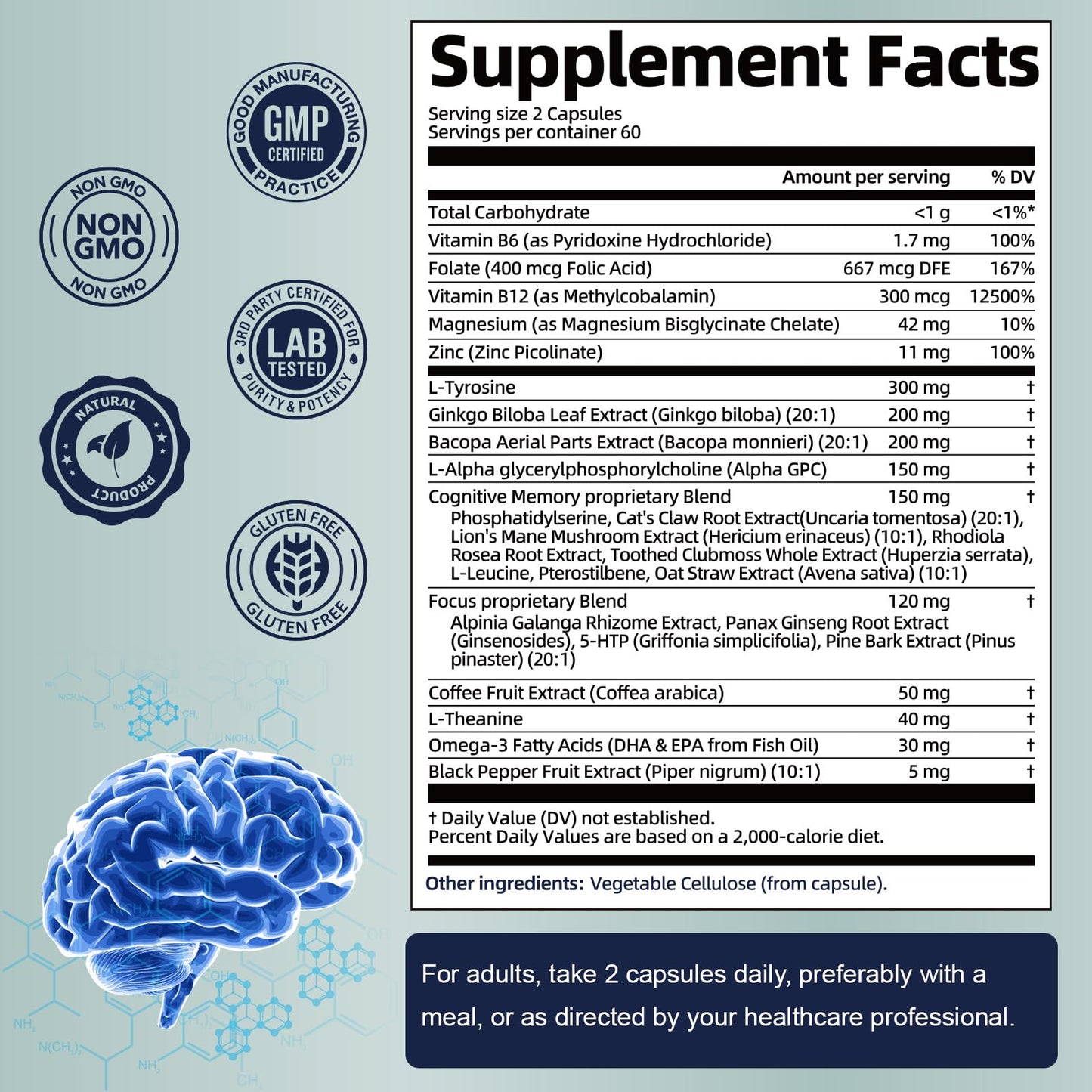 Totaria Brain Supplements for Memory & Focus - Non-GMO, Gluten Free (120 Counts)