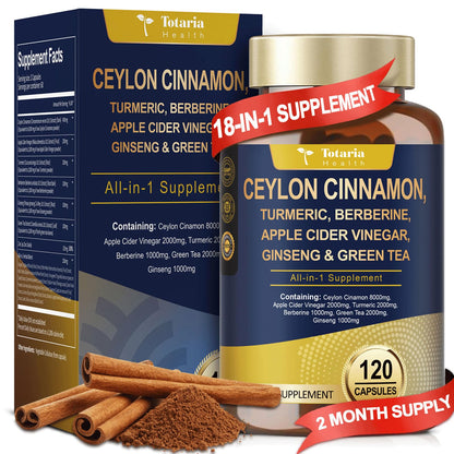Totaria 18-in-1 Organic Ceylon Cinnamon Capsules with Berberine - Metabolism & Energy Support (120 Count)