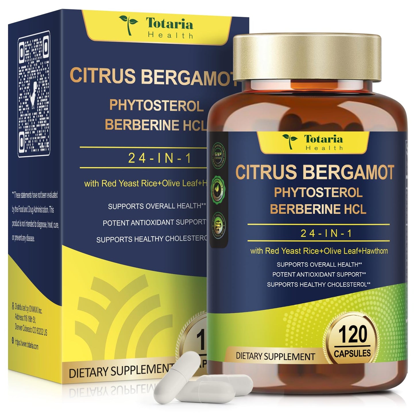 Totaria Citrus Bergamot Supplement for High Cholesterol | Italian Bergamot, Plant Sterols & Stanols | Vegan & Non-GMO | 120 Counts