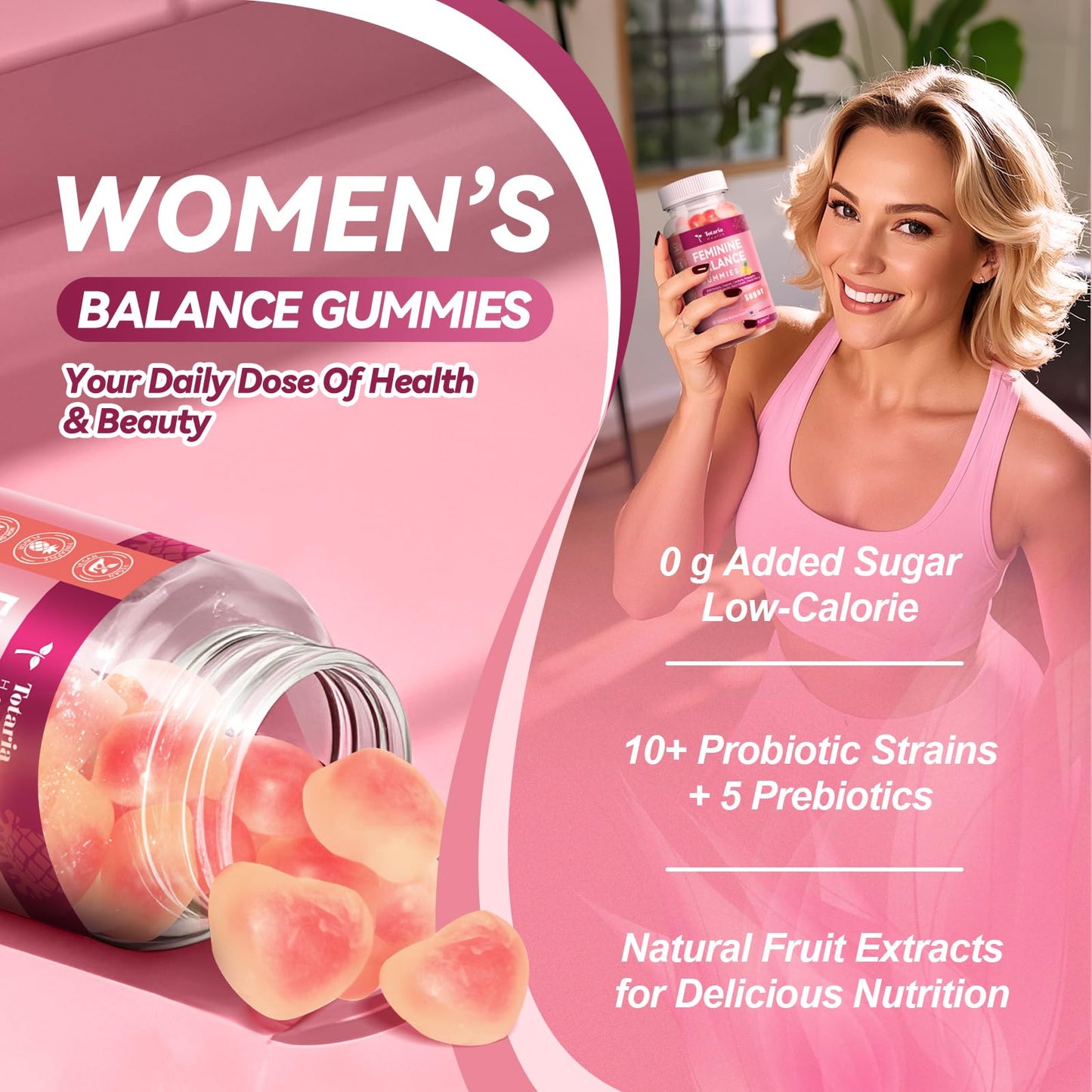 Totaria Premium Feminine Balance Gummies - Sugar-Free Multivitamin for Women | 60 Count (Pack of 2)