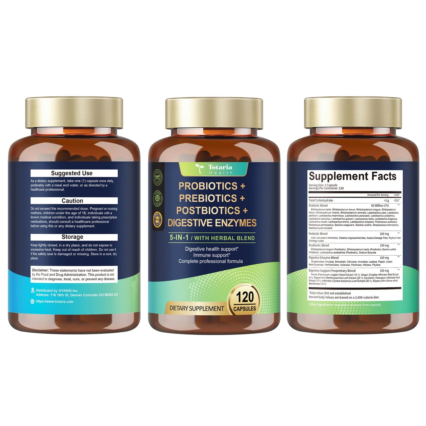 Totaria 5-in-1 Probiotic, Prebiotic & Postbiotic for Gut Health – 60B CFU, 4-Month Vegan Supply