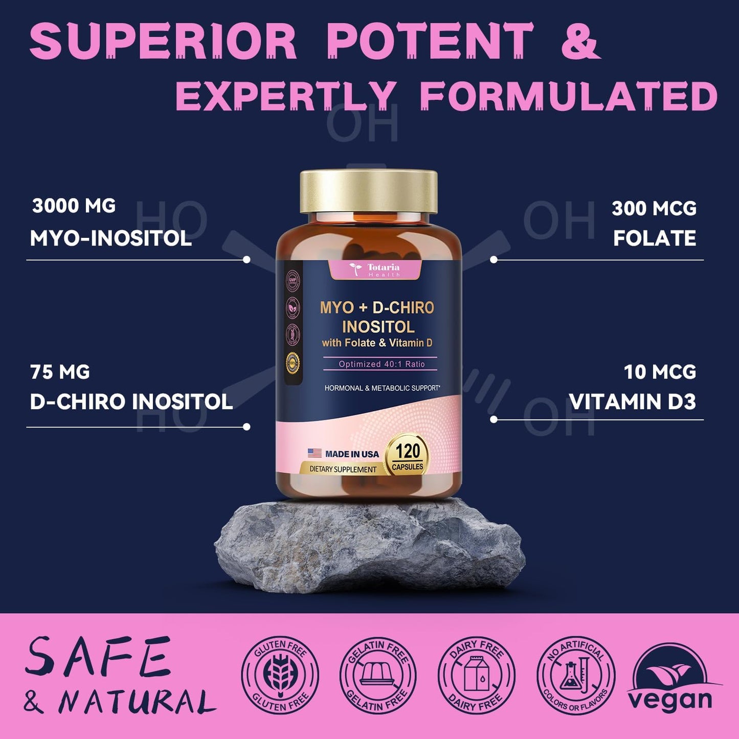 Totaria Inositol Supplement for Women – 40:1 Myo-Inositol & D-Chiro, Vitamin D3 + Folate (Pack of 2)