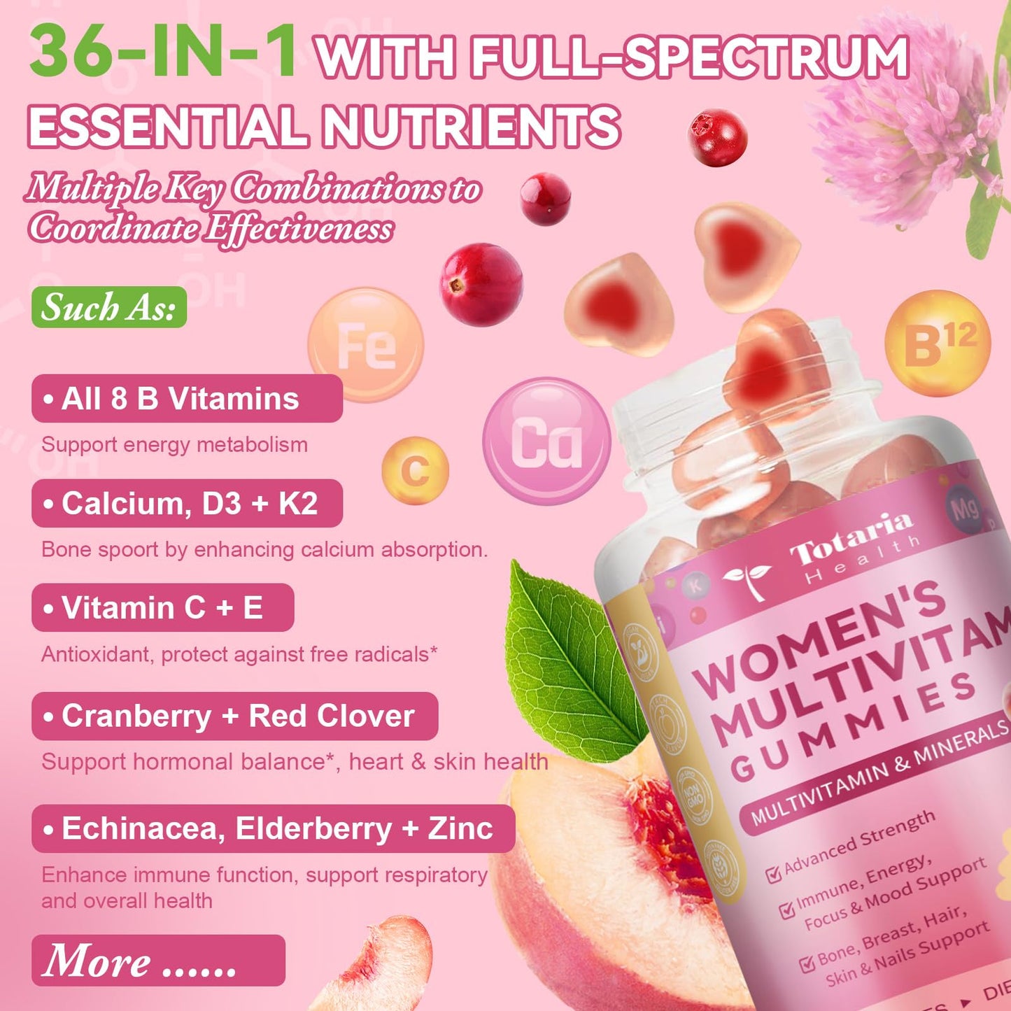 Totaria Sugar Free Multivitamin Gummies for Women 14+ with Iron, Folate, Biotin – Peach Flavor