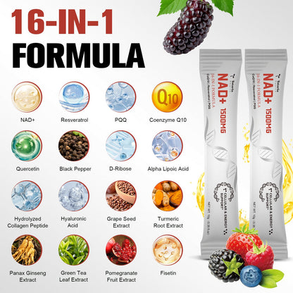 Totaria NAD+ Liquid Supplement 1500mg – 16-in-1 Anti-Aging NAD+ Formula (30 Packets)