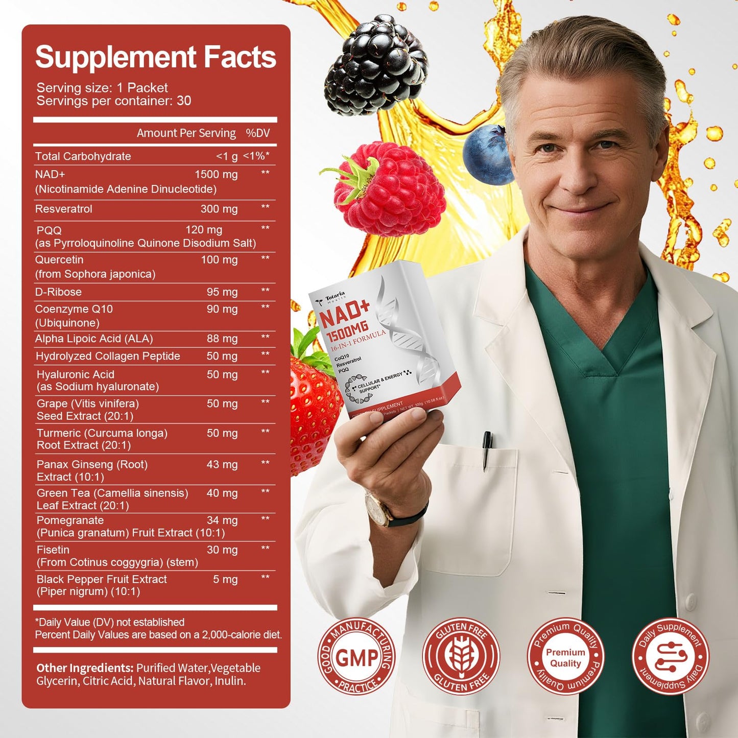 Totaria NAD+ Liquid Supplement 1500mg – 16-in-1 Anti-Aging NAD+ Formula (30 Packets)