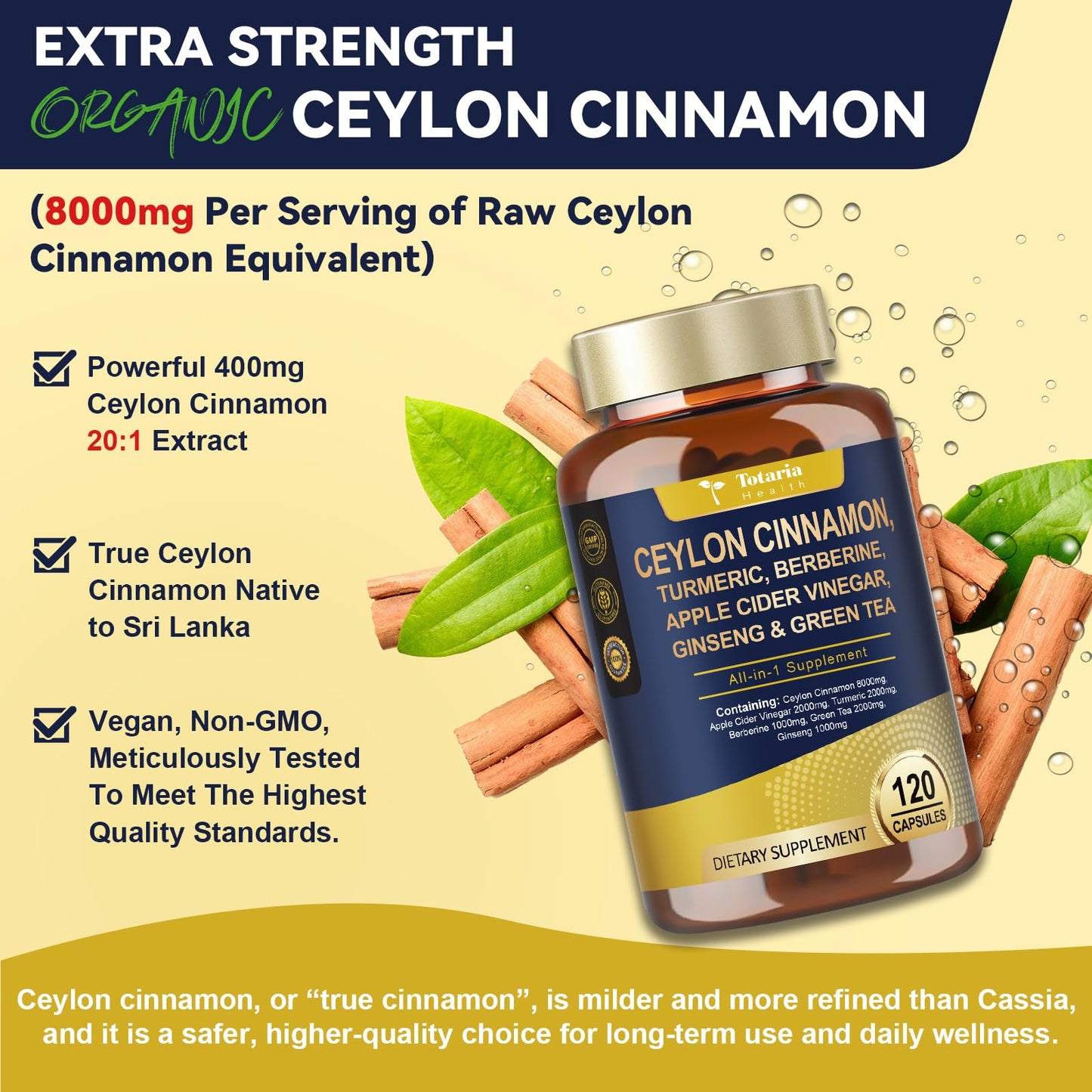 Totaria 18-in-1 Organic Ceylon Cinnamon Capsules with Berberine - Metabolism & Energy Support (120 Count)