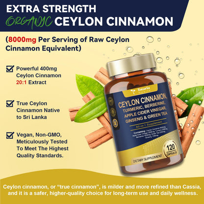 Totaria 18-in-1 Organic Ceylon Cinnamon Capsules with Berberine - Metabolism & Energy Support (120 Count)